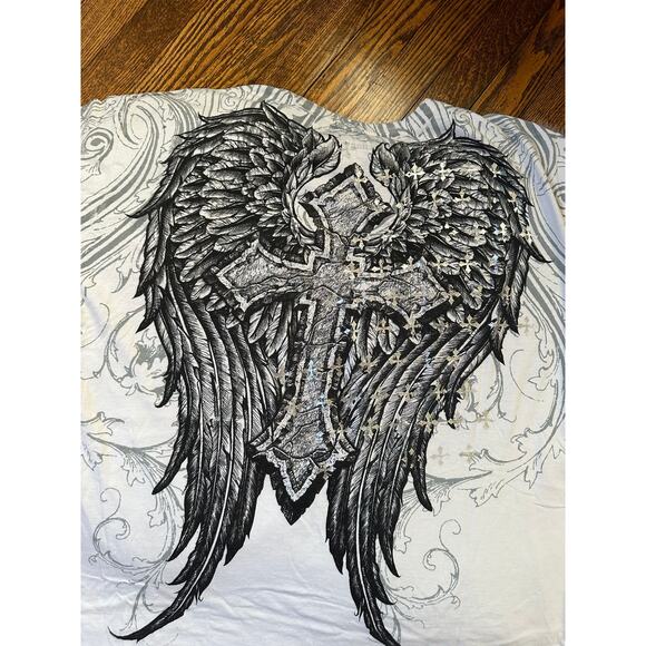 Vintage Y2K Affliction Men’s Distressed White Cross Wings Short Sleeve T Shirt - Picture 7 of 9